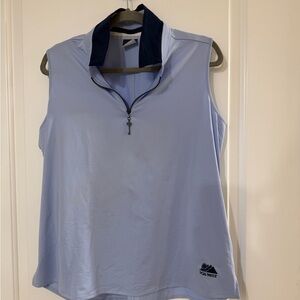 Belyn Key 3/4 zipper. PGA west Women's Light Blue Sleeveless collared Top